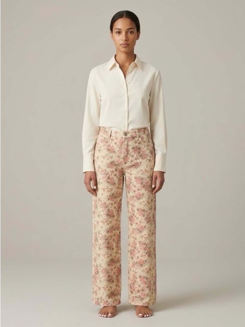 Vici Jeans — Cream Floral Wide-Leg with Pink Print in Size XL